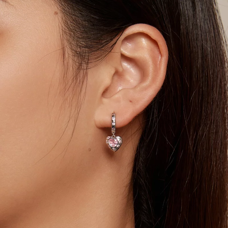(image pour) Boucles d'oreilles créoles en forme de cœur rose de style Pandora - SCE1625 - Afficher 5