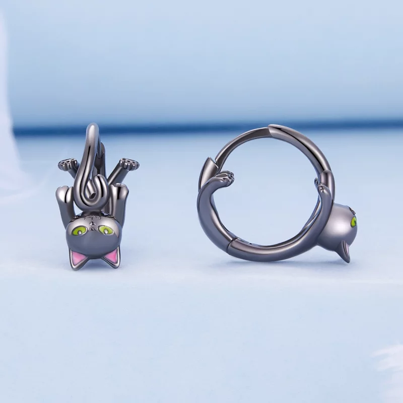 (image pour) Boucles d'oreilles créoles style Pandora avec chat noir - BSE798 - Afficher 2