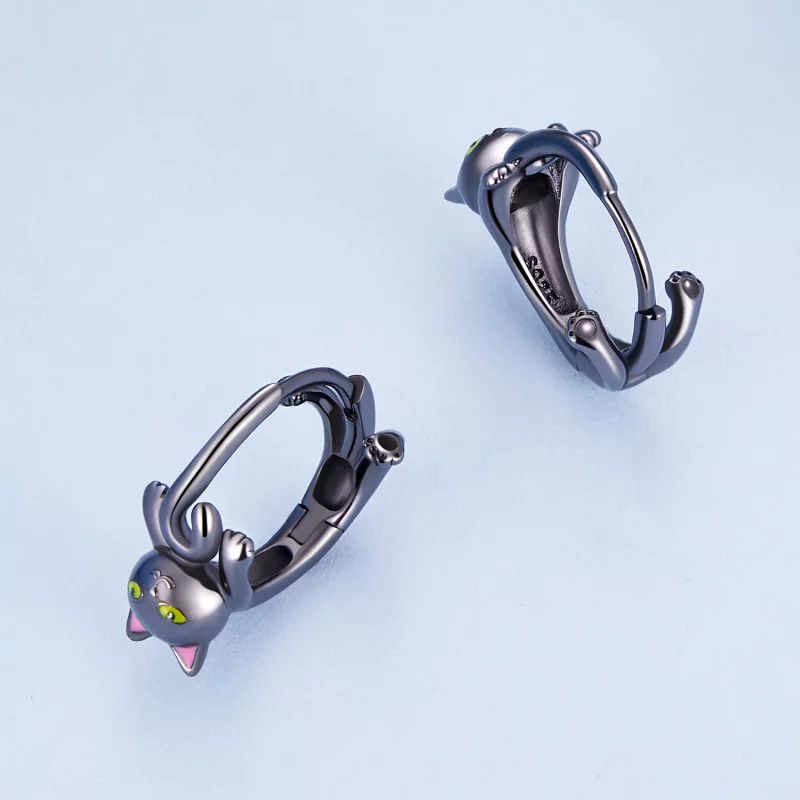 (image pour) Boucles d'oreilles créoles style Pandora avec chat noir - BSE798 - Afficher 3