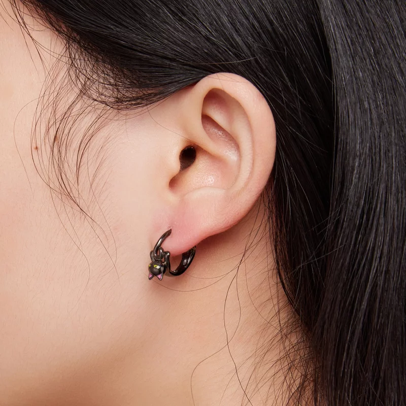 (image pour) Boucles d'oreilles créoles style Pandora avec chat noir - BSE798 - Afficher 5