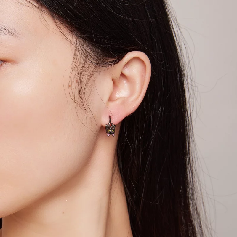 (image pour) Boucles d'oreilles créoles style Pandora avec chat noir - BSE798 - Afficher 6