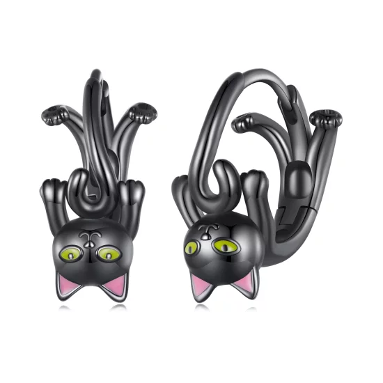 (image pour) Boucles d'oreilles créoles style Pandora avec chat noir - BSE798
