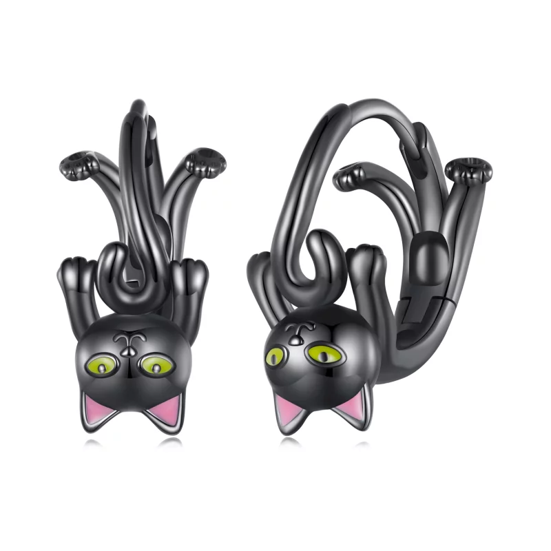 (image pour) Boucles d'oreilles créoles style Pandora avec chat noir - BSE798