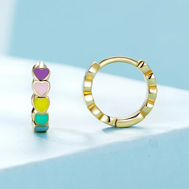 (image pour) Boucles d'oreilles créoles style Pandora en forme de cœur arc-en-ciel doré - SCE - Afficher 2