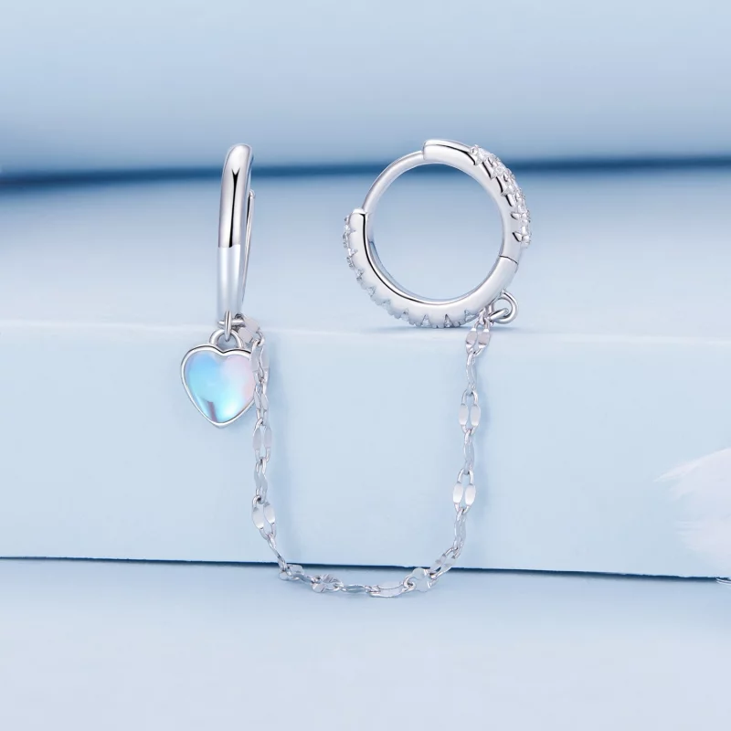 (image pour) Boucles d'oreilles en forme de cœur en pierre de lune avec chaîne et doubles ann - Afficher 2