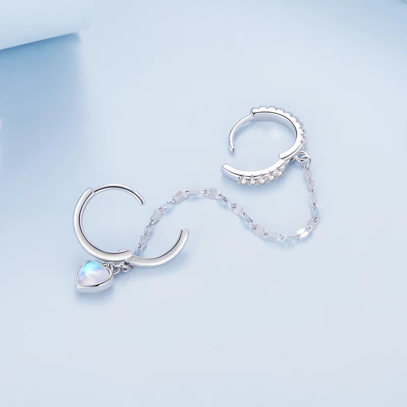 (image pour) Boucles d'oreilles en forme de cœur en pierre de lune avec chaîne et doubles ann - Afficher 4