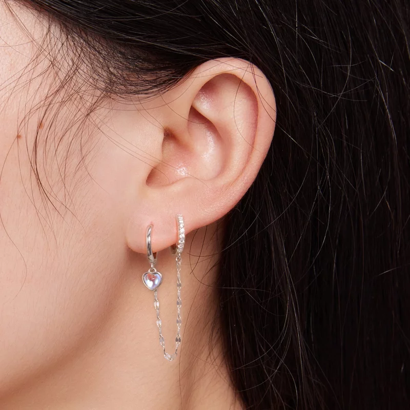 (image pour) Boucles d'oreilles en forme de cœur en pierre de lune avec chaîne et doubles ann - Afficher 5