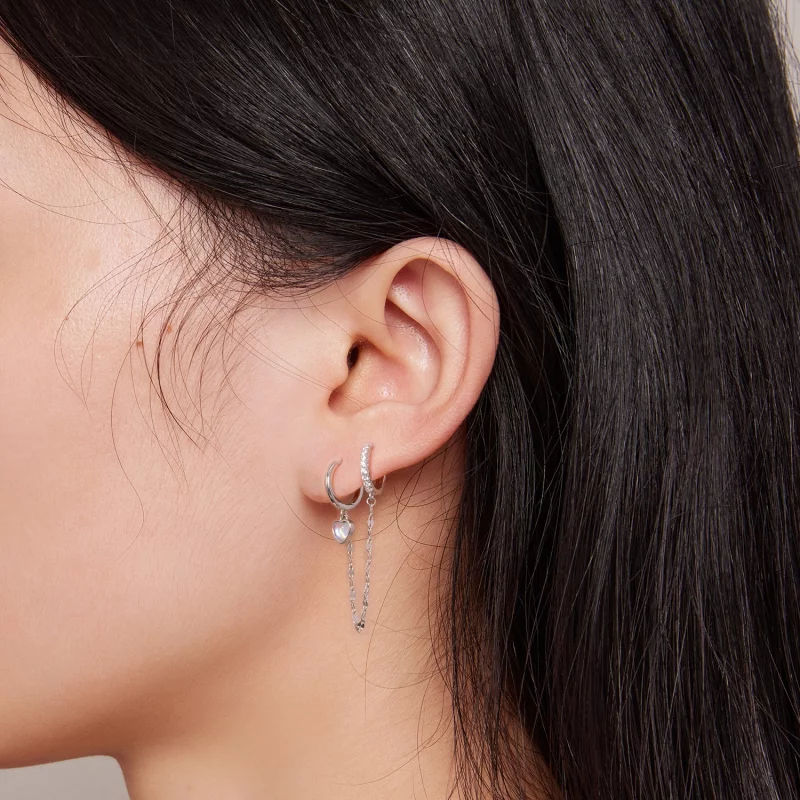 (image pour) Boucles d'oreilles en forme de cœur en pierre de lune avec chaîne et doubles ann - Afficher 6