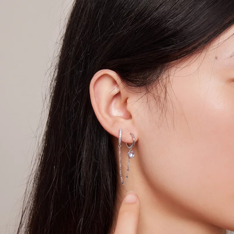 (image pour) Boucles d'oreilles en forme de cœur en pierre de lune avec chaîne et doubles ann - Afficher 7