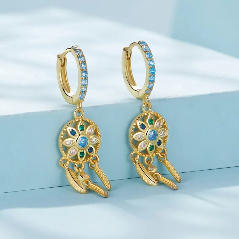 (image pour) Boucles d'oreilles pendantes de style Pandora avec attrape-rêves doré - SCE713-B - Afficher 2