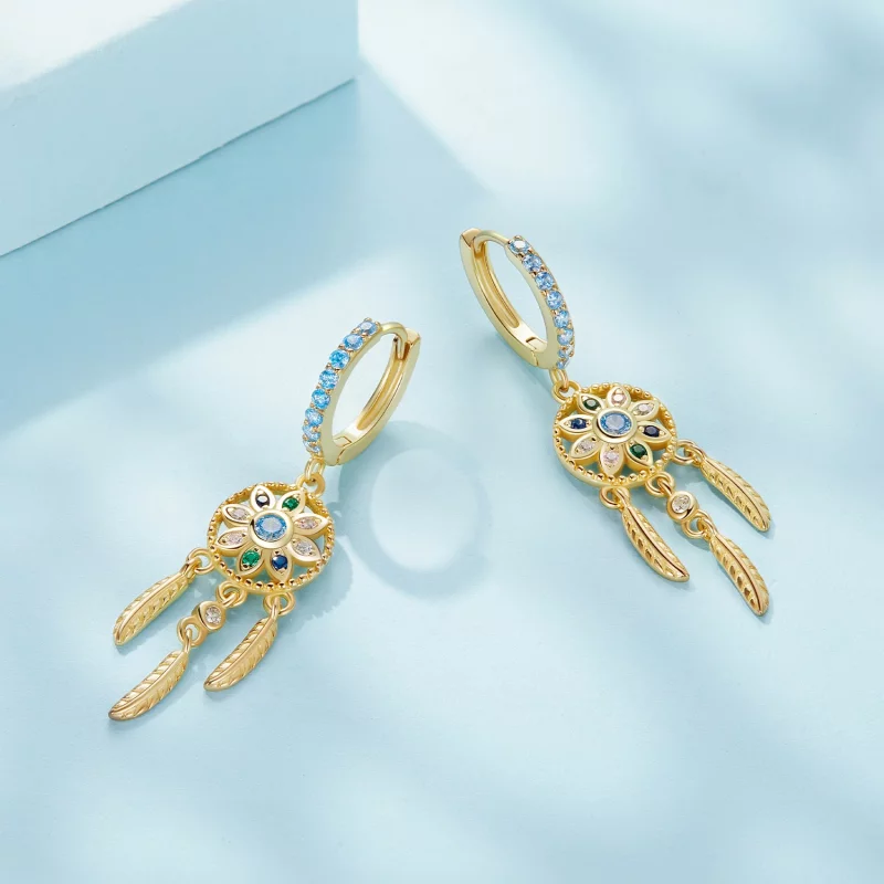(image pour) Boucles d'oreilles pendantes de style Pandora avec attrape-rêves doré - SCE713-B - Afficher 3