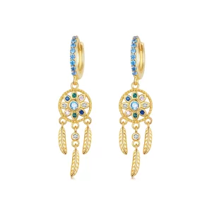 Boucles d'oreilles pendantes de style Pandora avec attrape-rêves doré - SCE713-B (image pour) Boucles d'oreilles pendantes de style Pandora avec attrape-rêves doré - SCE713-B