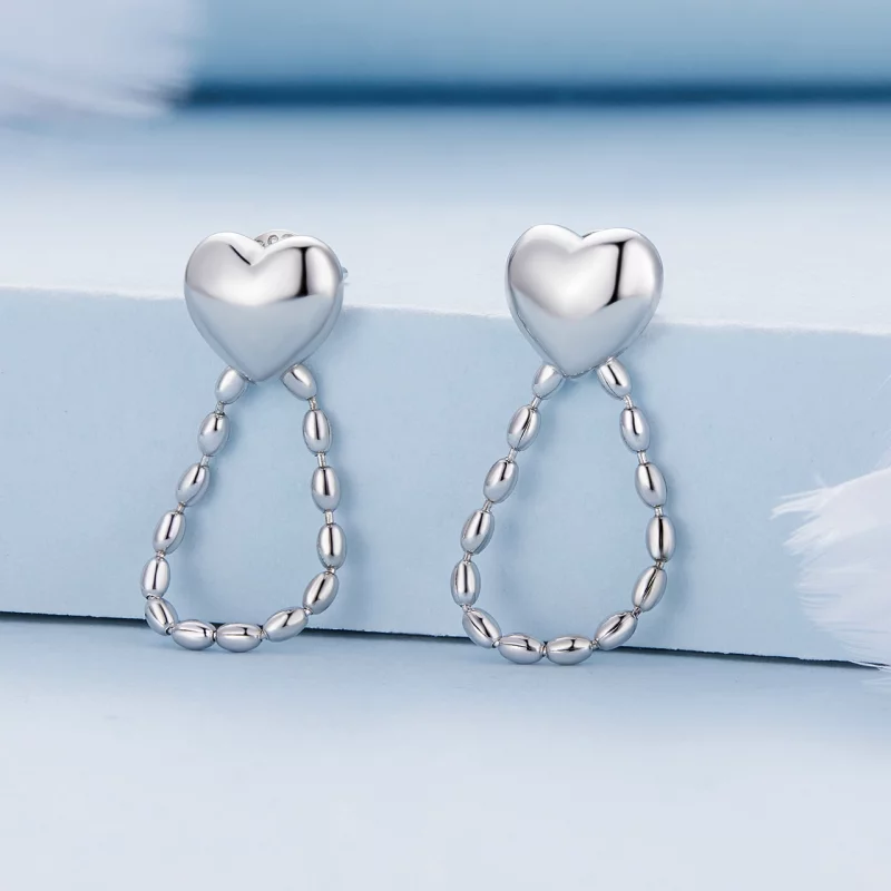 (image pour) Boucles d'oreilles pendantes en forme de cœur avec des pompons, style Pandora - - Afficher 2