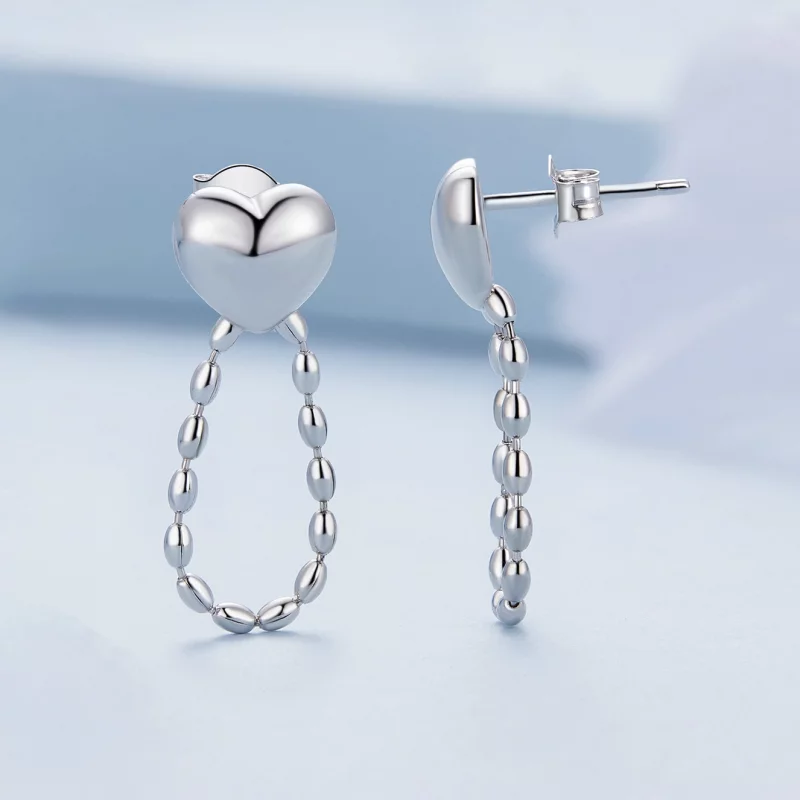 (image pour) Boucles d'oreilles pendantes en forme de cœur avec des pompons, style Pandora - - Afficher 3