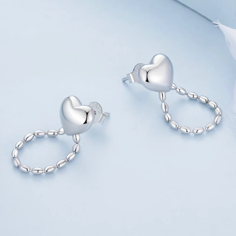 (image pour) Boucles d'oreilles pendantes en forme de cœur avec des pompons, style Pandora - - Afficher 4