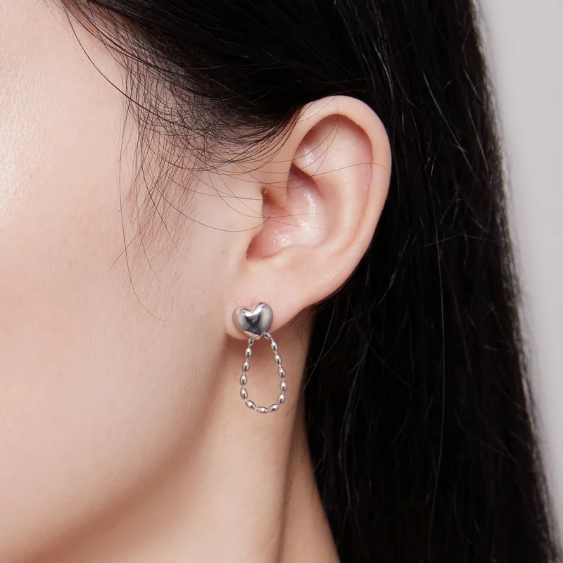 (image pour) Boucles d'oreilles pendantes en forme de cœur avec des pompons, style Pandora - - Afficher 6