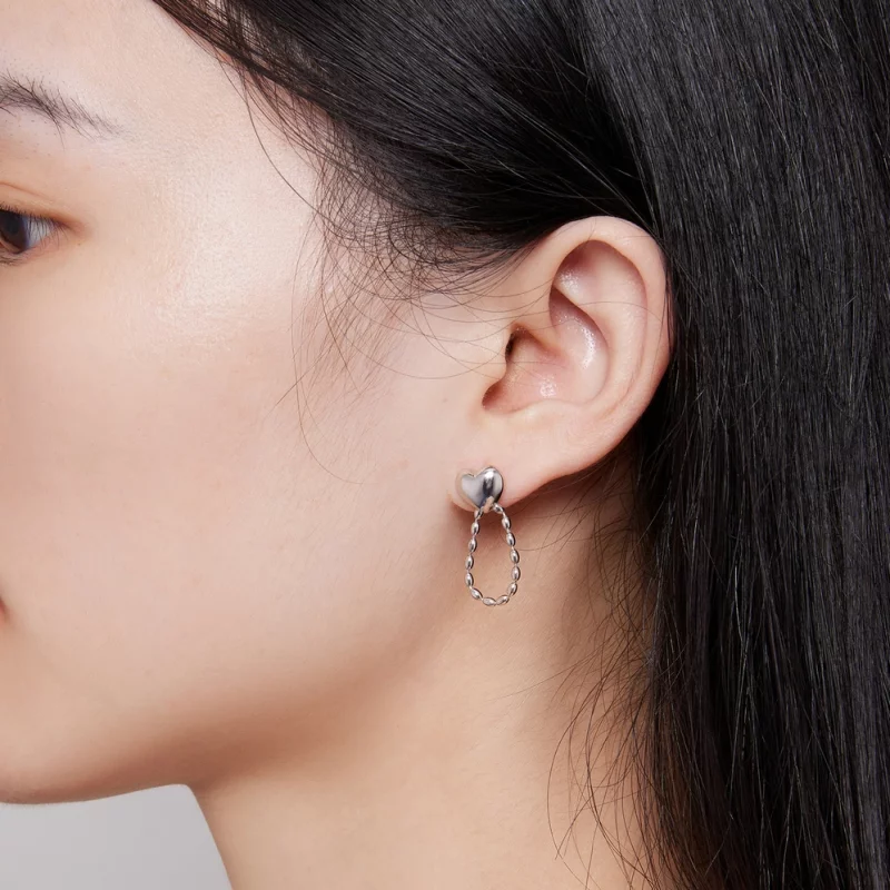 (image pour) Boucles d'oreilles pendantes en forme de cœur avec des pompons, style Pandora - - Afficher 7