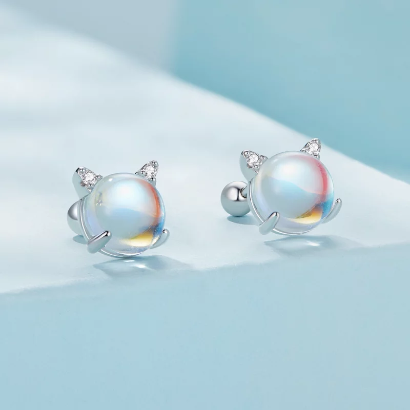 (image pour) Pandora Style Cat Moonstone Studs Earrings - SCE1622 - Afficher 2