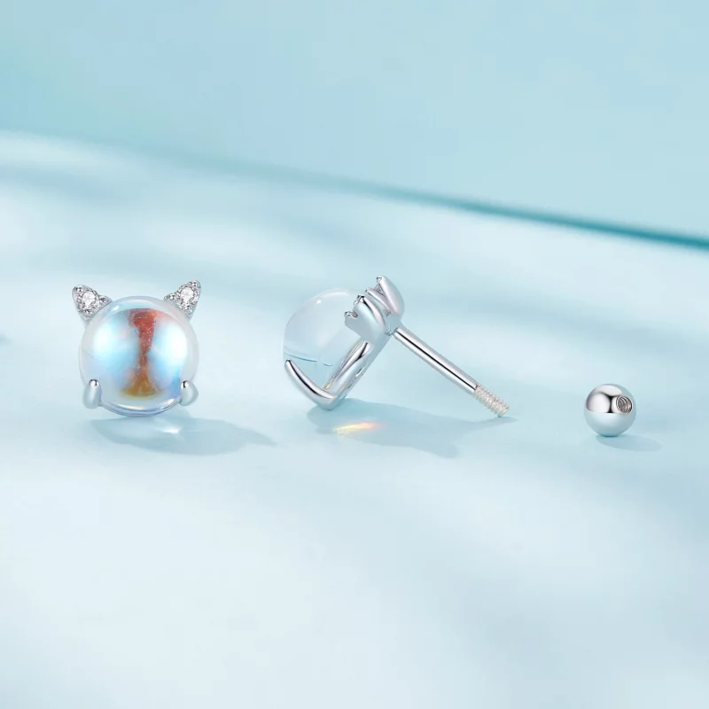 (image pour) Pandora Style Cat Moonstone Studs Earrings - SCE1622 - Afficher 3