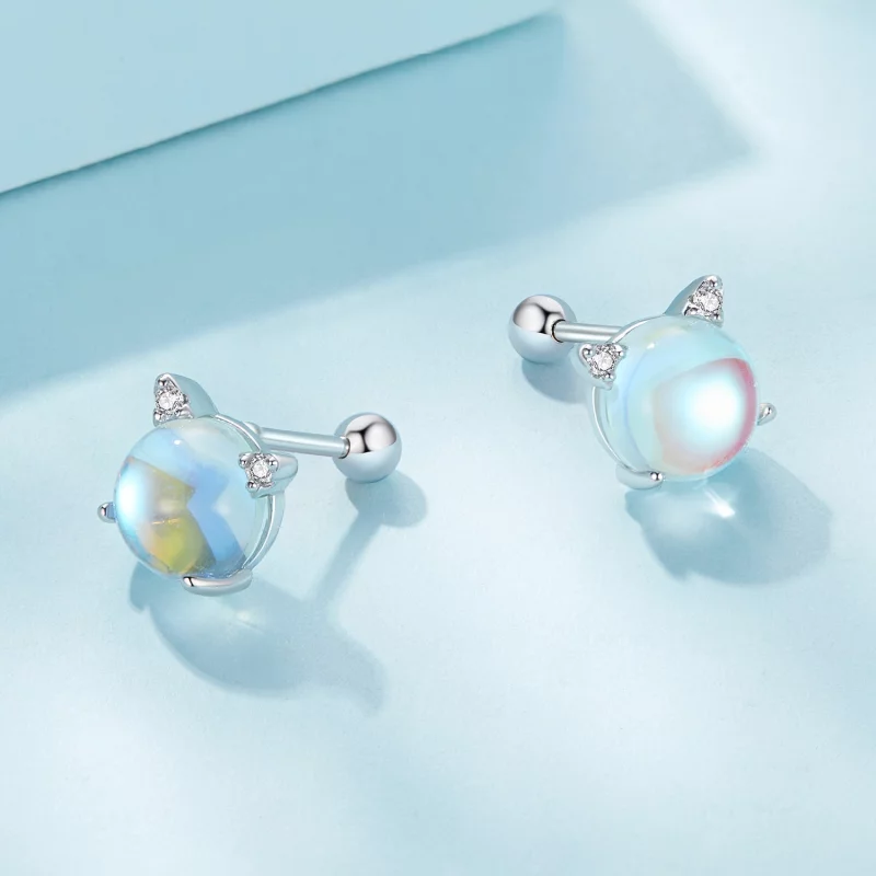 (image pour) Pandora Style Cat Moonstone Studs Earrings - SCE1622 - Afficher 4
