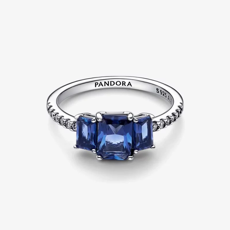 (image pour) Bague scintillante rectangulaire bleue à trois pierres Pandora - 192389C01 - Afficher 6