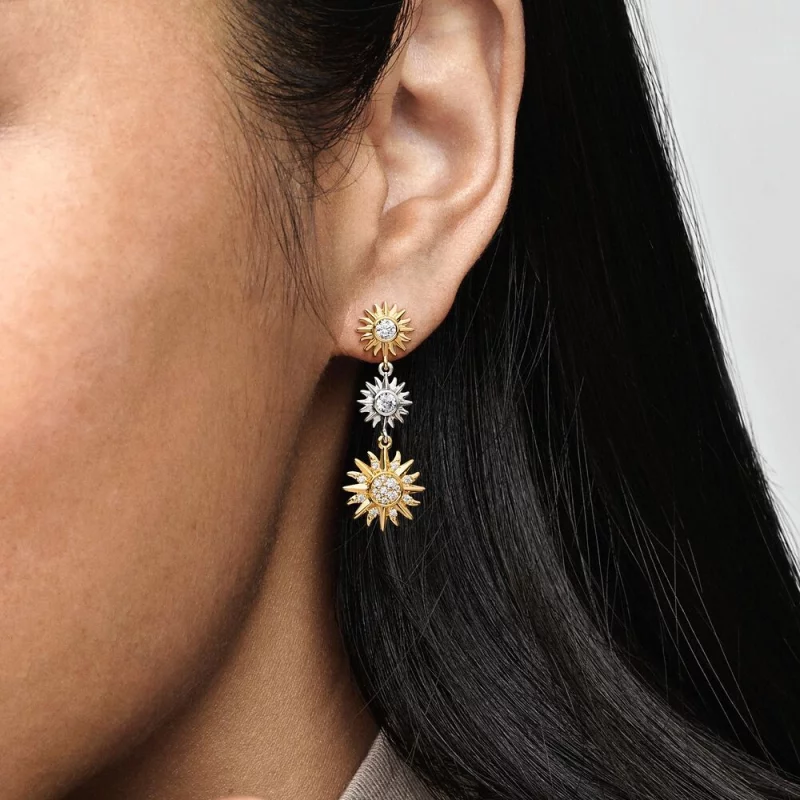 (image pour) Boucles d'oreilles pendantes Pandora Sun en argent sterling et plaqué or 14 cara - Afficher 2