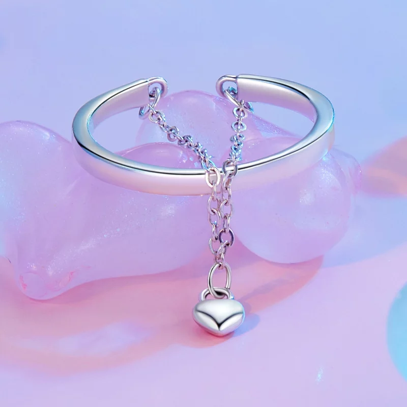 (image pour) Bague Ouverte Double Couche en Forme de Cœur Style PANDORA avec Chaîne - SCR1004 - Afficher 2