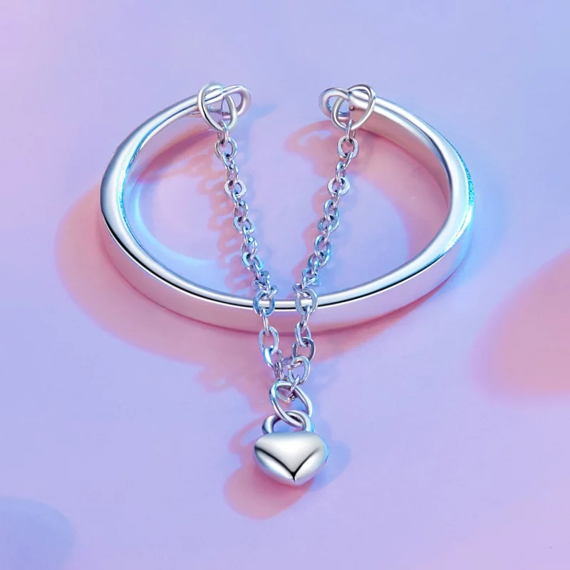 (image pour) Bague Ouverte Double Couche en Forme de Cœur Style PANDORA avec Chaîne - SCR1004 - Afficher 3