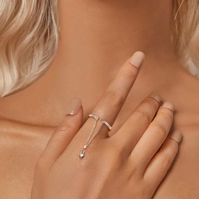 (image pour) Bague Ouverte Double Couche en Forme de Cœur Style PANDORA avec Chaîne - SCR1004 - Afficher 6