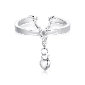 Bague Ouverte Double Couche en Forme de Cœur Style PANDORA avec Chaîne - SCR1004-E (image pour) Bague Ouverte Double Couche en Forme de Cœur Style PANDORA avec Chaîne - SCR1004-E