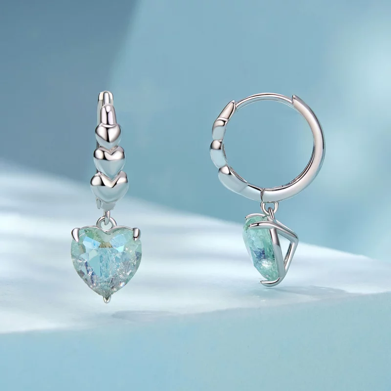 (image pour) Boucles d'oreilles en forme de cœur en zirconium bleu vert glacé style PANDORA - - Afficher 2