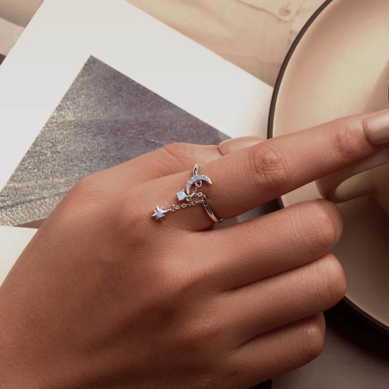 (image pour) Bague ouverte à chaîne étoile et lune style PANDORA - BSR548-E - Afficher 5
