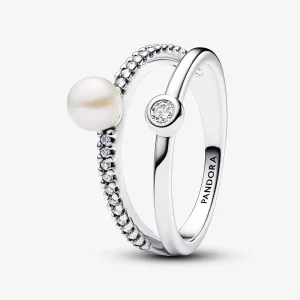 (image pour) Bague double anneaux Perle de culture d'eau douce traitée et pierres Pavé Pandora - 193147C01