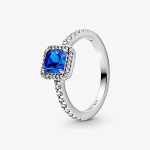 (image pour) Bague Halo scintillante avec pierre centrale bleue carrée Pandora - 198863C02