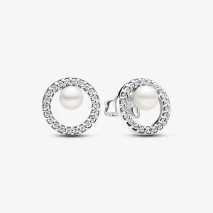 (image pour) Boucles d'oreilles à perles cultivées d'eau douce traitées et halo pavé Pandora - 293154C01