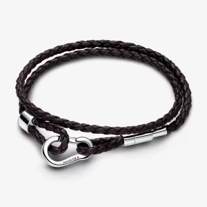 (image pour) Bracelet double en cuir tressé brun Pandora Moments - 593338C01