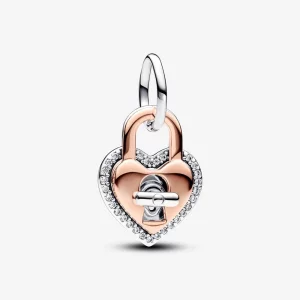 Charm pendentif cadenas cœur torsadé deux tons à double breloque - 783079C01 (image pour) Charm pendentif cadenas cœur torsadé deux tons à double breloque - 783079C01