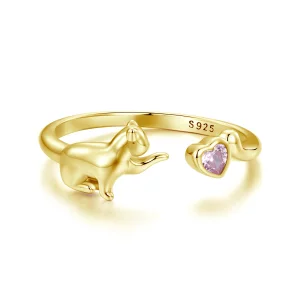 (image pour) Bague Ouverte Style Pandora Chat - Argent 925 Sterling avec Zirconium Cubique et Placage Or - SCR1027-EB