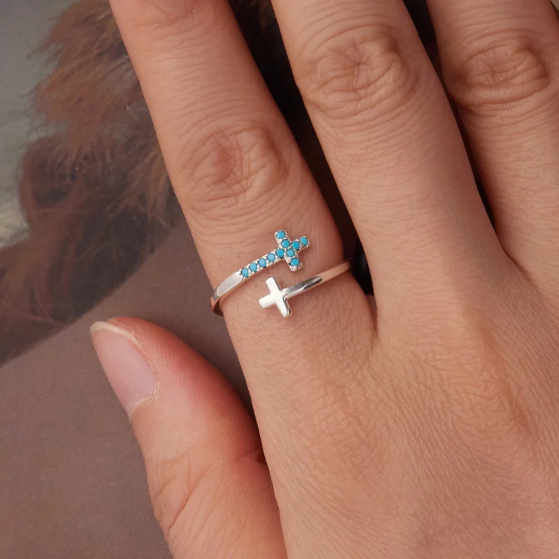 (image pour) Bague Croix Ouverte Pandora en Argent 925 avec Turquoise Synthétique - Bijoux Ox - Afficher 4