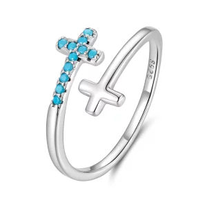 (image pour) Bague Croix Ouverte Pandora en Argent 925 avec Turquoise Synthétique - Bijoux Oxydés - BSR688-E