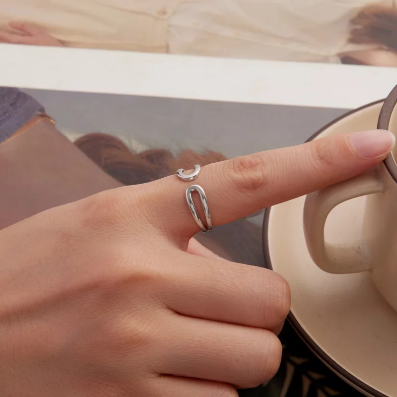(image pour) Bague Ouverte Double Couche en Argent 925 Oxydé de Style Pandora - Bijou Élégant - Afficher 5