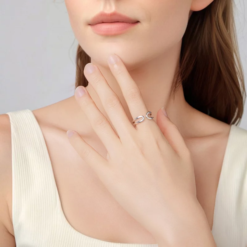 (image pour) Bague Ouverte Double Couche en Argent 925 Oxydé de Style Pandora - Bijou Élégant - Afficher 6