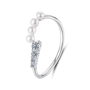 (image pour) Bague ajustable perle et moissanite style Pandora - Argent 925 plaqué platine, certifiée - MSR084-E