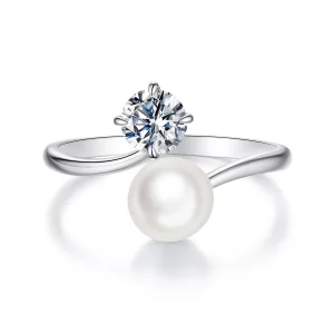 (image pour) Bague réglable en perle et moissanite style Pandora - Argent 925 plaqué platine, certifiée - MSR083-E