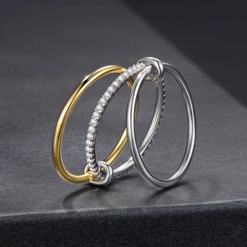 (image pour) Bague Triple Moissanite Style Pandora - Argent 925 Plaqué Platine et Or et Certi - Afficher 2