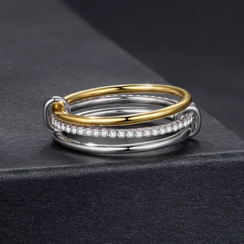 (image pour) Bague Triple Moissanite Style Pandora - Argent 925 Plaqué Platine et Or et Certi - Afficher 3