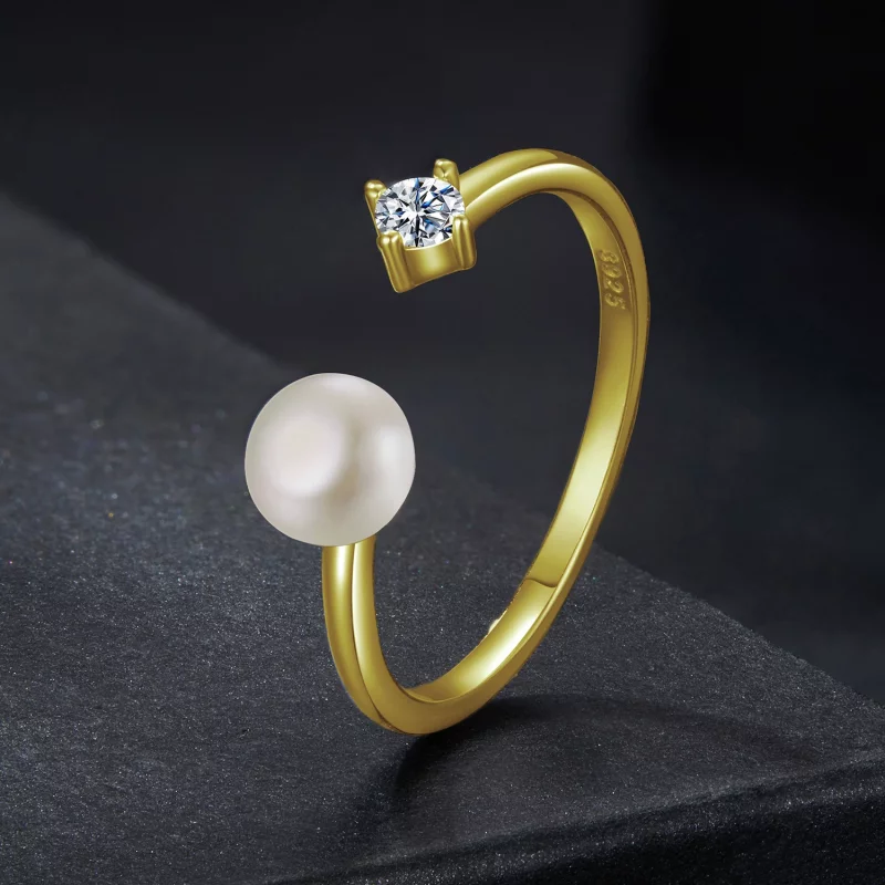 (image pour) Bague Ouverte en Argent 925 Sterling Perle Moissanite Style Pandora avec Placage - Afficher 2