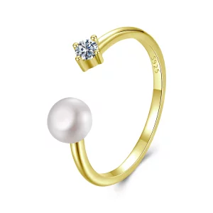 (image pour) Bague Ouverte en Argent 925 Sterling Perle Moissanite Style Pandora avec Placage Or et Certificat - MSR066-EB
