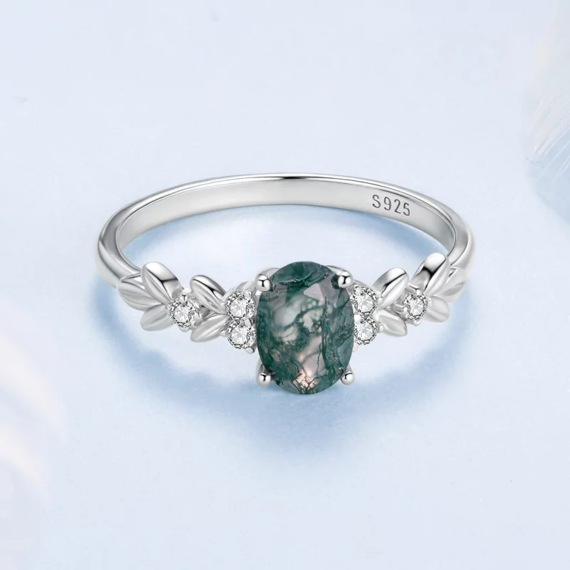 (image pour) Bague Pandora Style en argent 925 plaquée platine avec agate algue et zirconium - Afficher 3