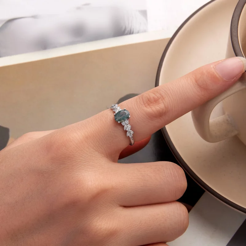 (image pour) Bague Pandora Style en argent 925 plaquée platine avec agate algue et zirconium - Afficher 5